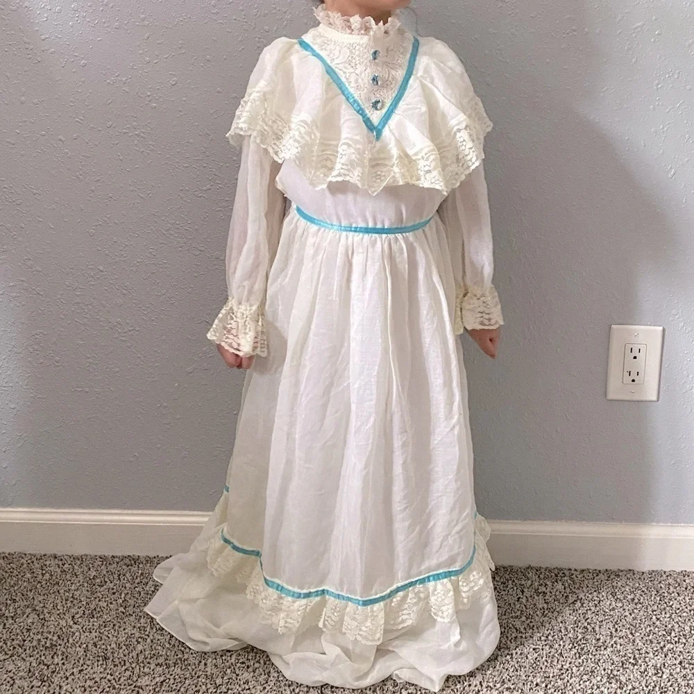 Vintage White and Blue Ruffled Tiered Bridal Gown